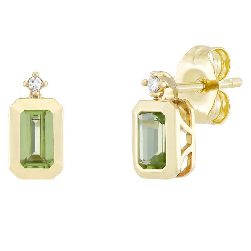 Emerald-Cut Peridot and Diamond Accent Bezel Earrings in 10K Yellow Gold – Image 1 of 1