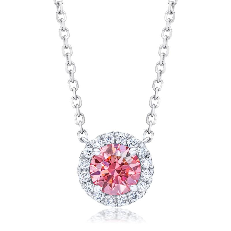 Lab Grown Diamond Fancy Pink Halo Pendant in 14K White Gold &#40;7/8 ct. tw.&#41; – Image 1 of 2
