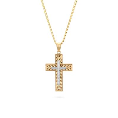 Cross Pendant Curb Chain Necklace in 10K Yellow & White Gold