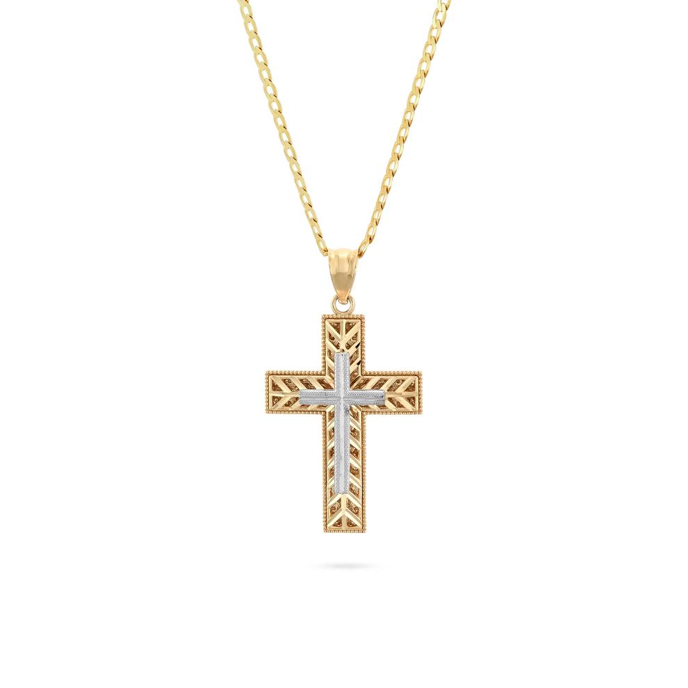 Cross Pendant Curb Chain Necklace in 10K Yellow &amp; White Gold – Image 1 of 4
