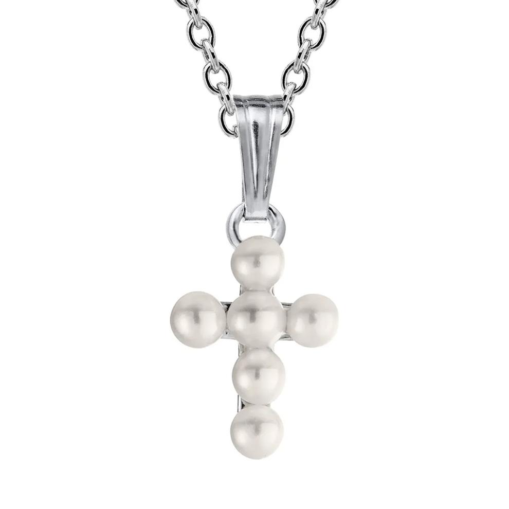 Children's Freshwater Pearl Cross Pendant in Sterling Silver – Image 1 of 2