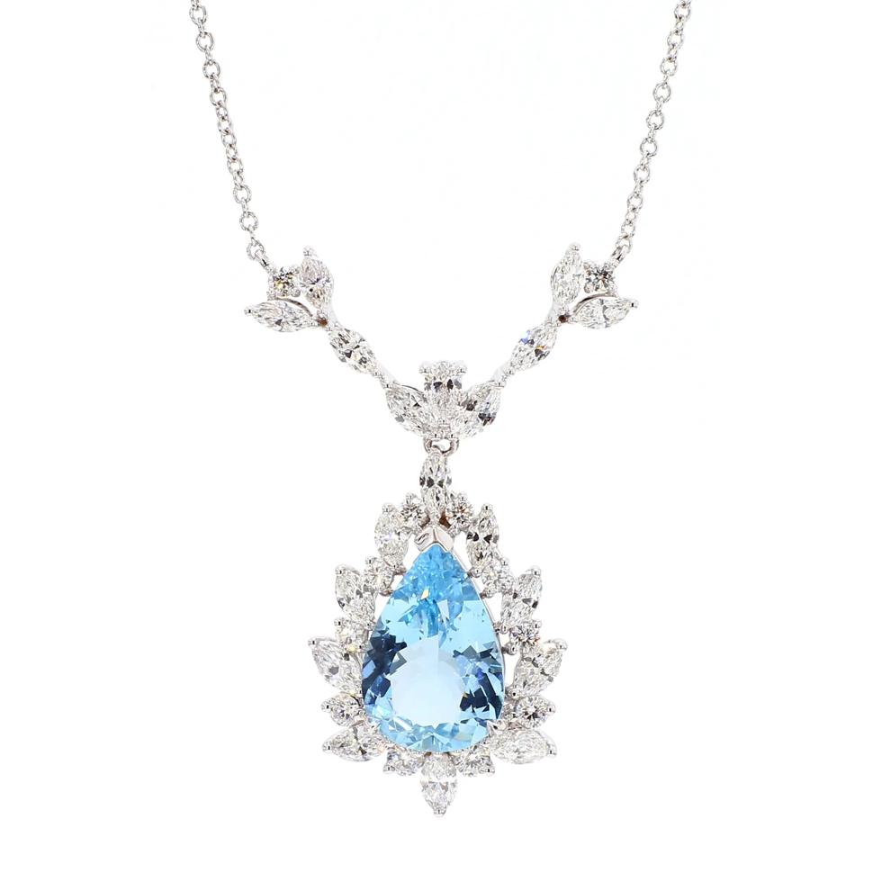 Pear-Shaped Aquamarine and Diamond Necklace in 18K White Gold (1 3/4 ct. tw.) – Image 1 of 3