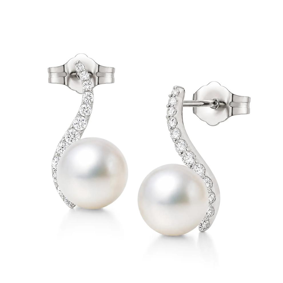 Freshwater Cultured Pearl &amp; Diamond Stud Earrings in 10K White Gold (1/3 ct. tw.) – Image 2 of 2