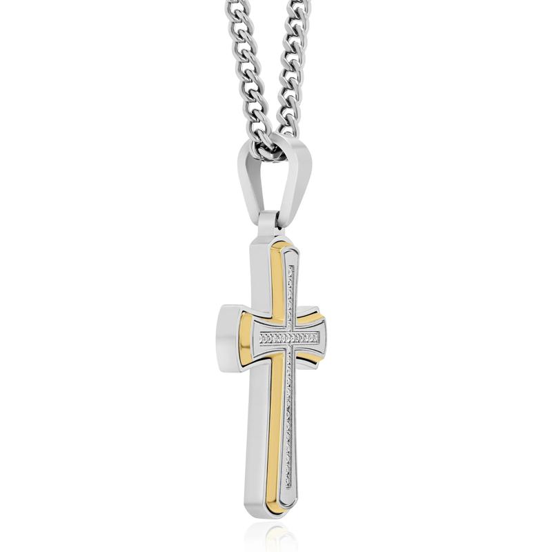 Diamond Cross Pendant in Stainless Steel and Yellow Ion-Plated Stainless Steel – Image 3 of 4