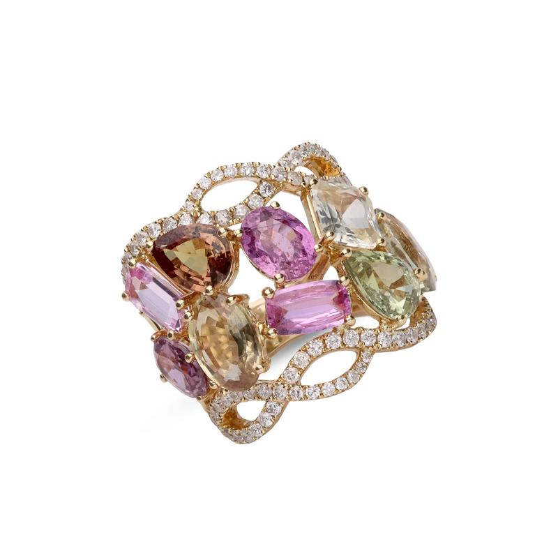 Mixed Tourmaline &amp; Diamond Wide Band Scatter Ring in 14K Yellow Gold &#40;3/4 ct. tw.&#41; – Image 4 of 5