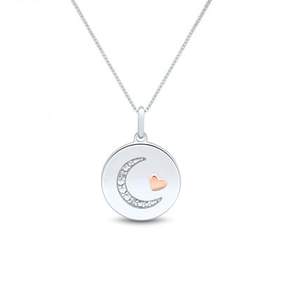 Diamond Accent Crescent Moon Medallion Pendant in Sterling Silver & 14K Rose Gold