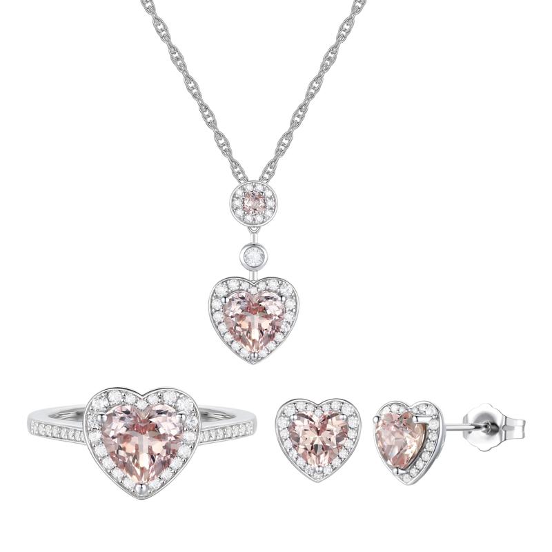 Heart-Shaped Lab Created Pink Sapphire Earring, Pendant &amp; Ring Set in Sterling Silver – Image 1 of 7