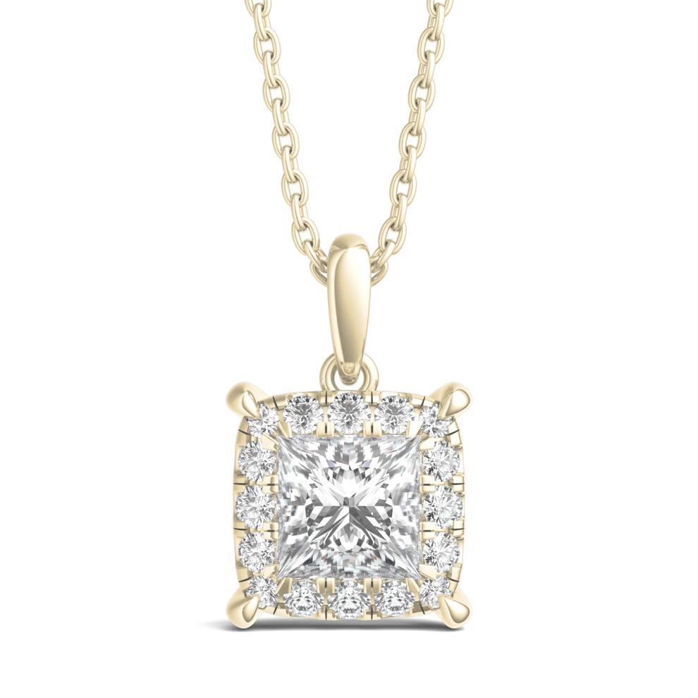 Lab Grown Diamond Princess-Cut Halo Pendant in 14K Yellow Gold (1 ct. tw.) – Image 1 of 3