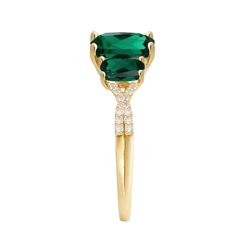 Lab-Created Emerald &amp; Diamond Three-Stone Ring in 10K Yellow Gold (1/10 ct. tw.) – Image 3 of 3