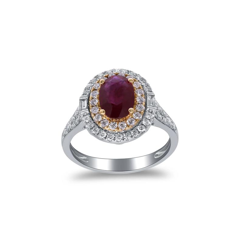 Ruby and Diamond Double Halo Ring in 14K White and Yellow Gold &#40;5/8 ct. tw.&#41; – Image 5 of 5
