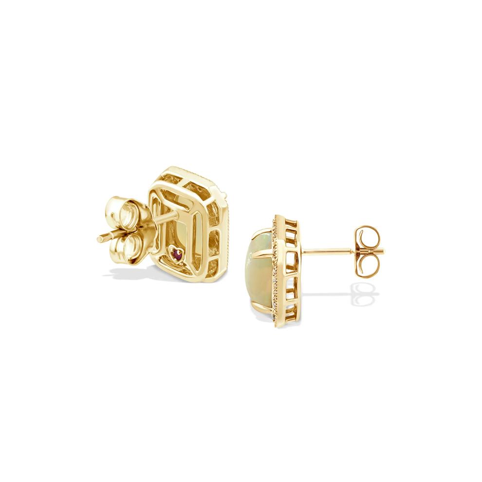 Opal, Pink Sapphire, &amp; Diamond Stud Earrings in 10K Yellow Gold (1/10 ct. tw.) – Image 2 of 2