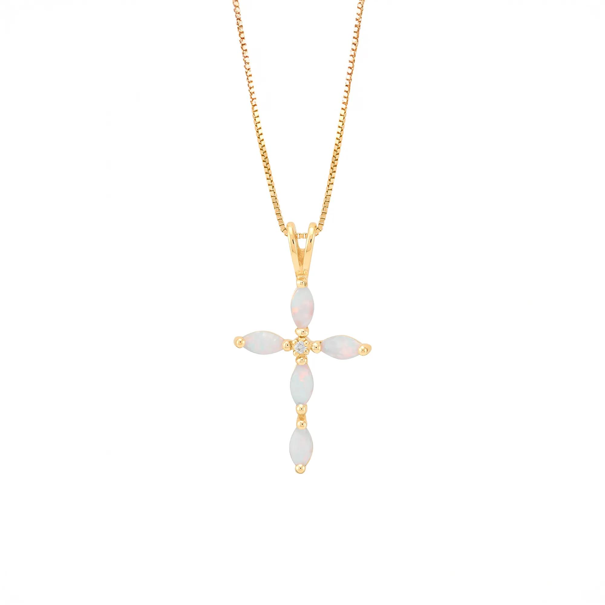 Lab-Created Marquise Opal Cross Pendant in 10K Yellow Gold