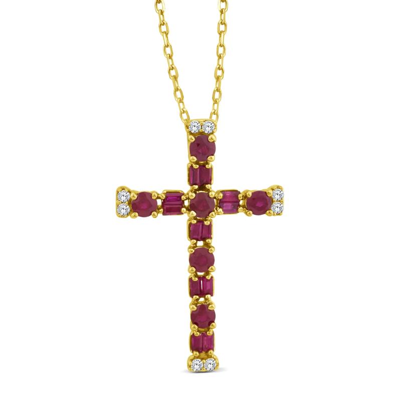 Ruby and Diamond Accent Cross Pendant in 10K Yellow Gold – Image 1 of 2