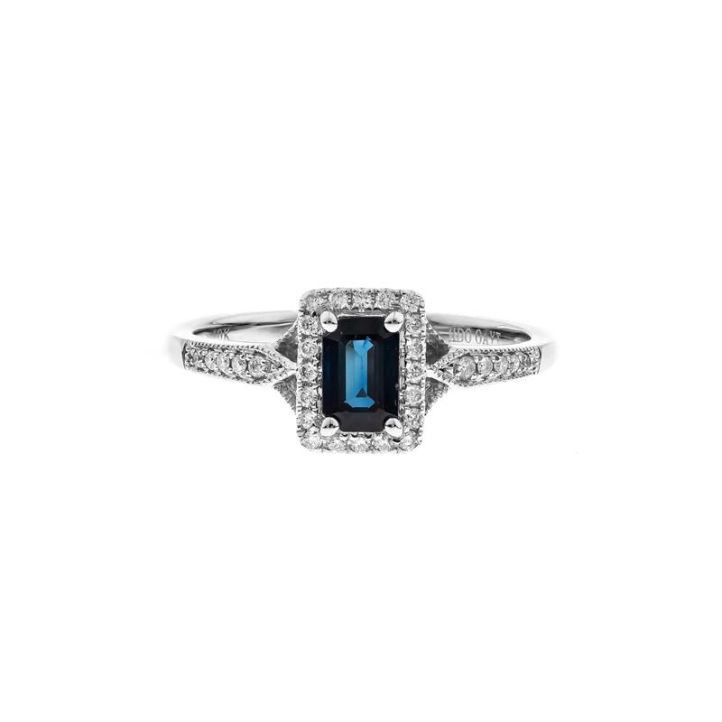 Blue Sapphire Ring with Diamond Halo in 10K White Gold &#40;1/8 ct. tw.&#41; – Image 1 of 3