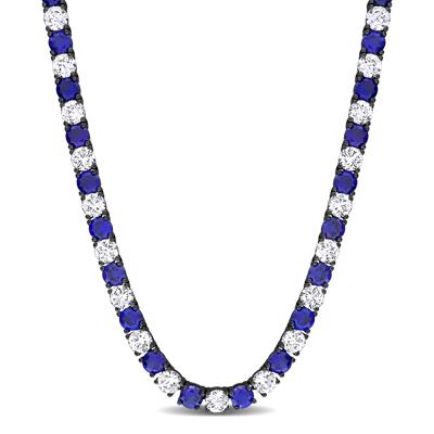 Lab-Created Blue Sapphire & Lab-Created White Sapphire Tennis Necklace in Sterling Silver & Black Rhodium