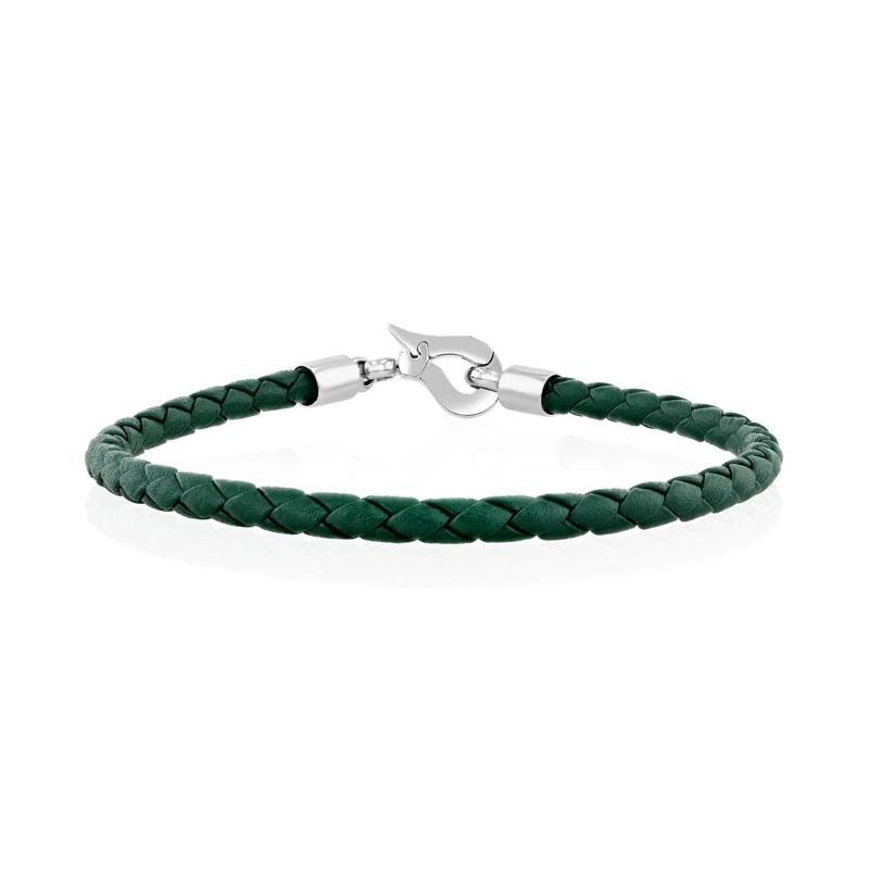 Men&#39;s Green Woven Leather Bracelet with Stainless Steel – Image 1 of 5