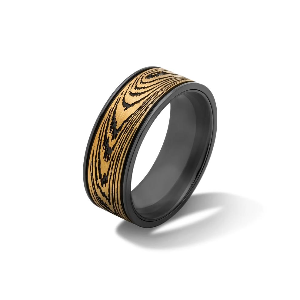 Men's Woodgrain Pattern Band in Zirconium and 14K Yellow Gold – Image 4 of 4