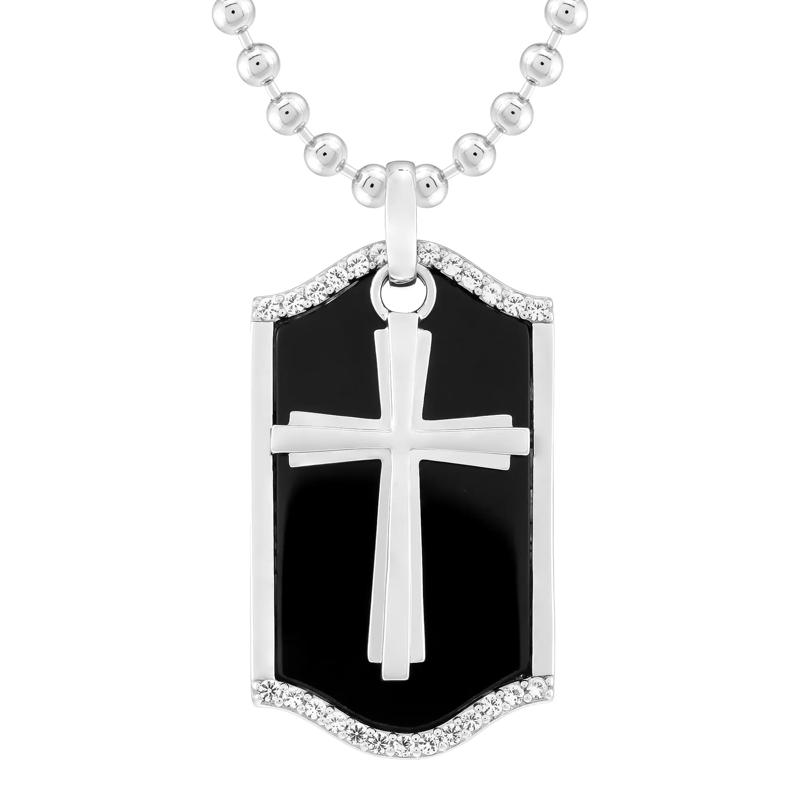 Men&#39;s Black Onyx and Lab-Created White Sapphire Dog Tag Cross Pendant in Sterling Silver – Image 1 of 4