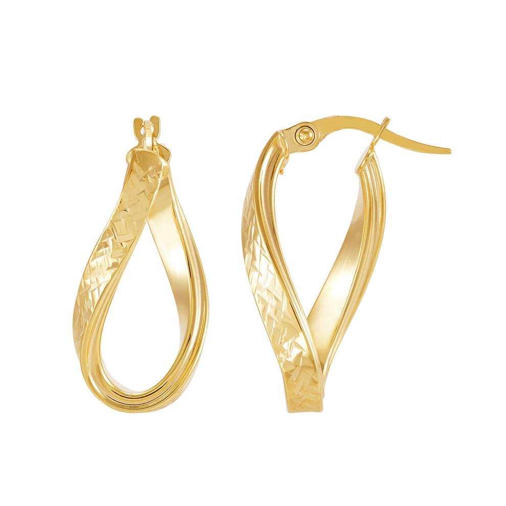 Polished Diamond-Cut Flat Curved Oval Hoop Earrings in 10K Yellow Gold, 22MM – Image 2 of 3