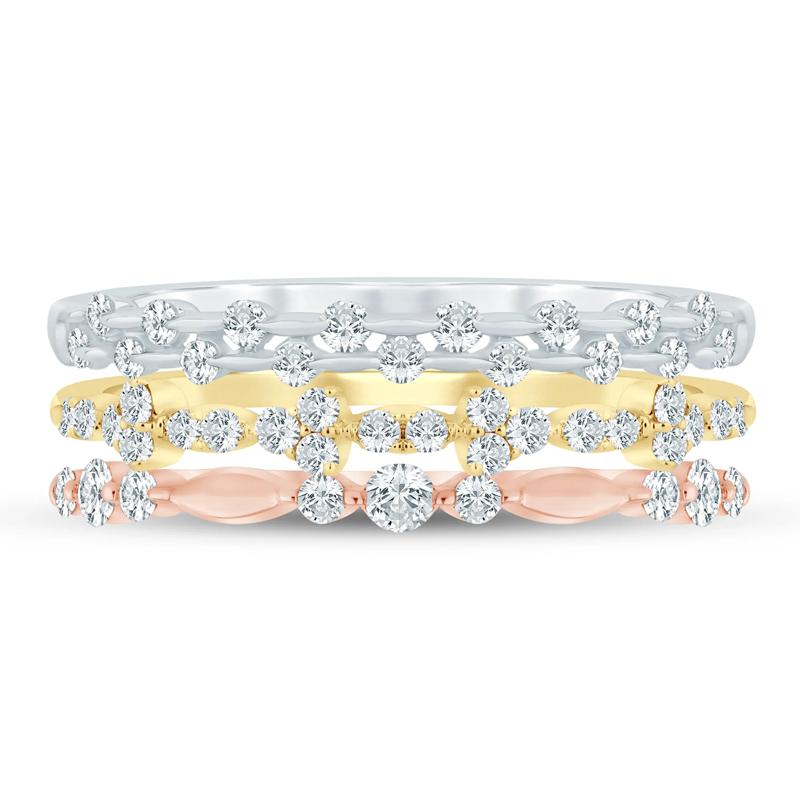 Diamond Three-Piece Stack Ring Set in 14K White, Yellow &amp; Rose Gold  &#40;1/2 ct. tw.&#41; – Image 1 of 3