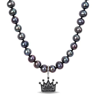 Men's Black Freshwater Cultured Pearl and Black Diamond Crown Necklace in Sterling Silver (1/3 ct. tw.)