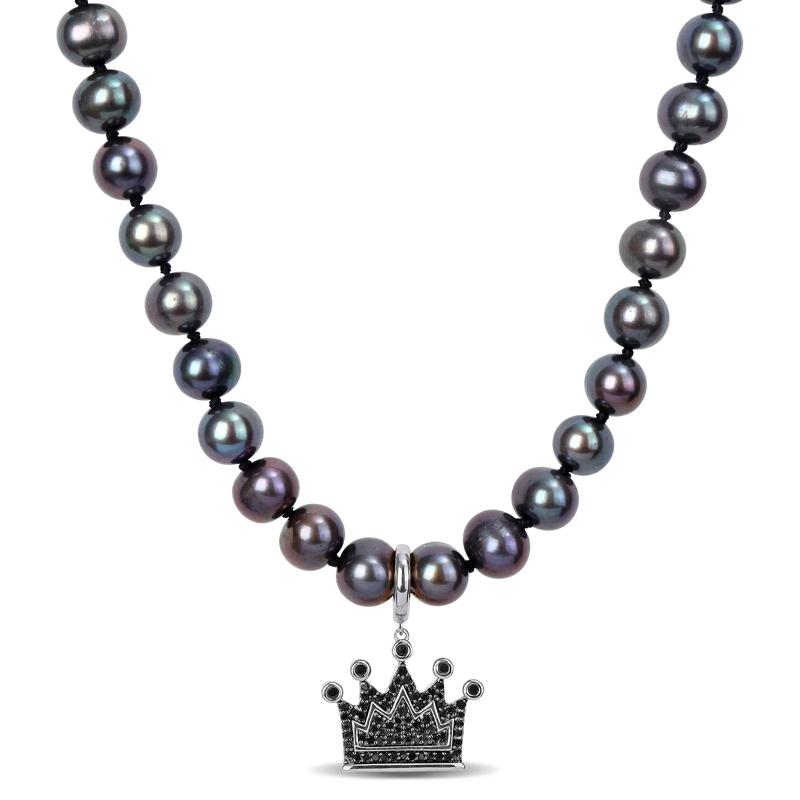 Men's Black Freshwater Cultured Pearl and Black Diamond Crown Necklace in Sterling Silver (1/3 ct. tw.) – Image 1 of 3