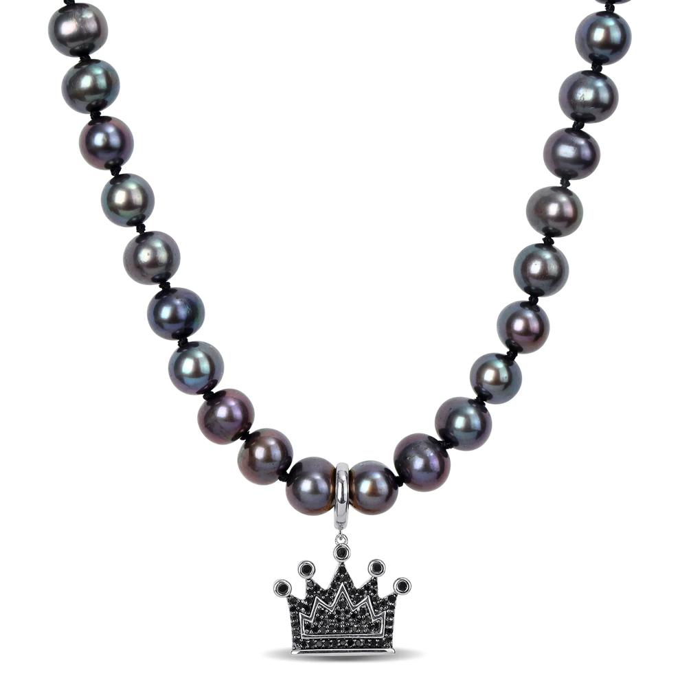 Men's Black Freshwater Cultured Pearl and Black Diamond Crown Necklace in Sterling Silver (1/3 ct. tw.) – Image 1 of 3