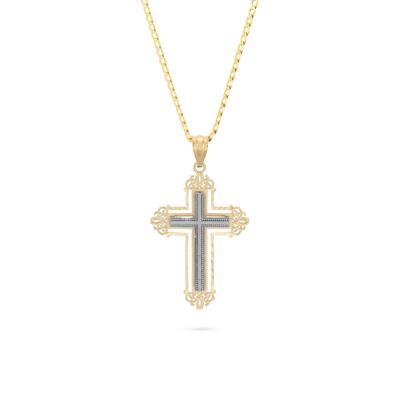 Polished Solid Step Cross Pendant Curb Chain Necklace in 10K Yellow & White Gold