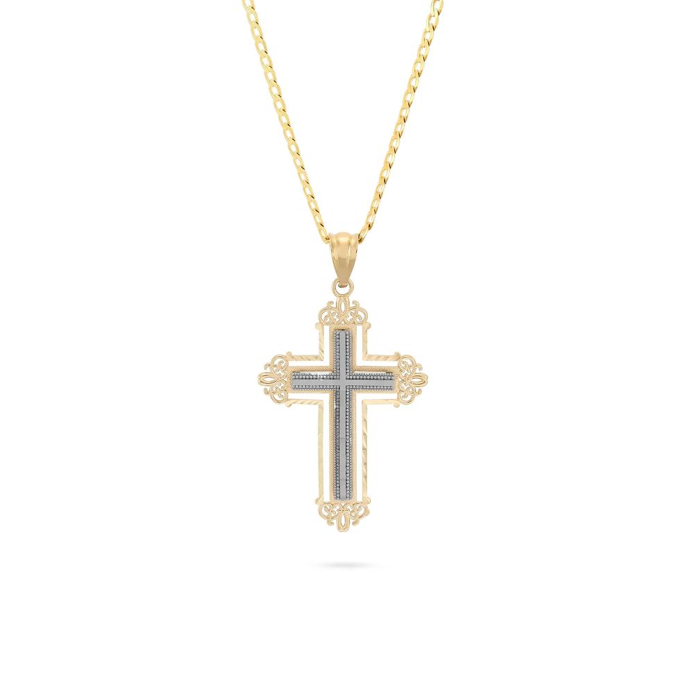 Polished Solid Step Cross Pendant Curb Chain Necklace in 10K Yellow &amp; White Gold – Image 1 of 4