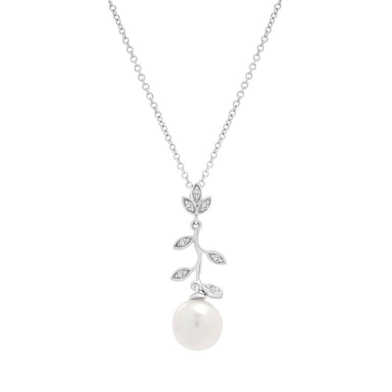 Freshwater Cultured Pearl and Diamond Accent Leaf Drop Pendant in Sterling Silver – Image 1 of 4