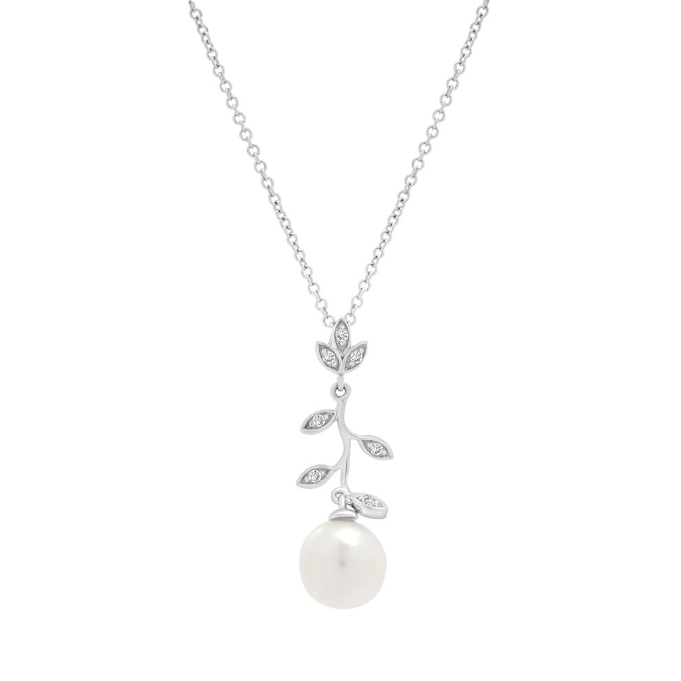 Freshwater Cultured Pearl and Diamond Accent Leaf Drop Pendant in Sterling Silver – Image 1 of 4