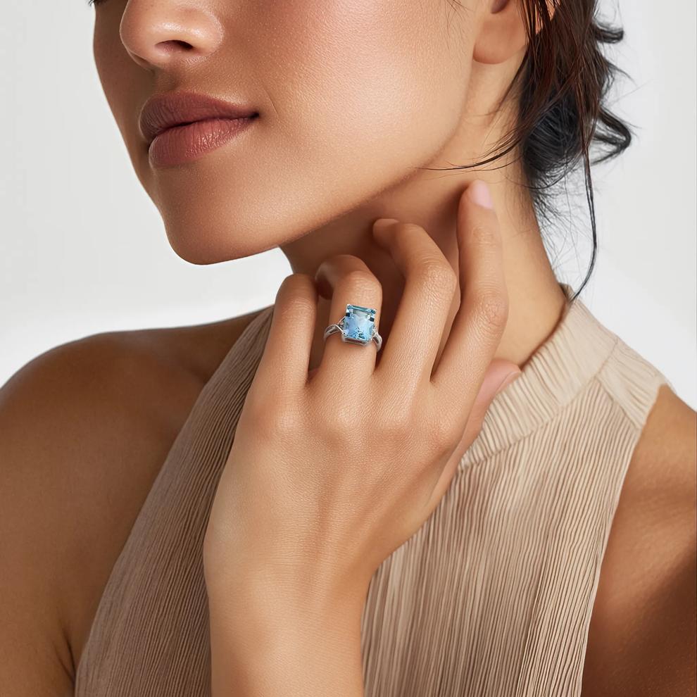 Emerald-Cut Blue Topaz &amp; White Topaz Ring in Sterling Silver – Image 6 of 6