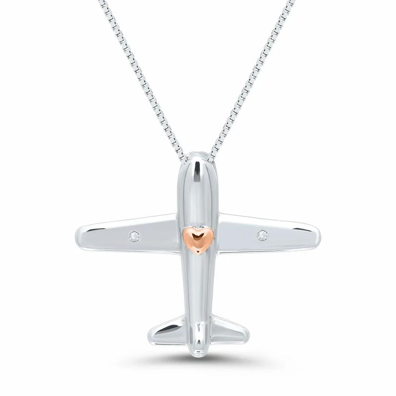 Diamond Airplane Pendant in Sterling Silver &amp; 14K Rose Gold – Image 1 of 4