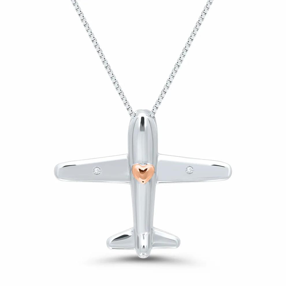 Diamond Airplane Pendant in Sterling Silver &amp; 14K Rose Gold – Image 1 of 4