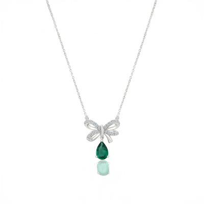 Lab-Created Emerald & Lab-Created White Sapphire Bow Pendant Necklace in Sterling Silver
