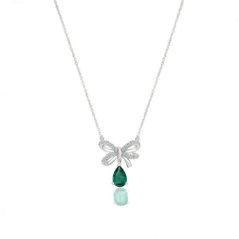 Lab-Created Emerald &amp; Lab-Created White Sapphire Bow Pendant Necklace in Sterling Silver – Image 1 of 3