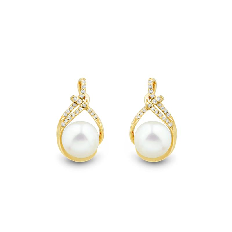 Button Freshwater Cultured Pearl and Diamond Earrings in 10K Yellow Gold &#40;1/10 ct. tw.&#41; – Image 2 of 2