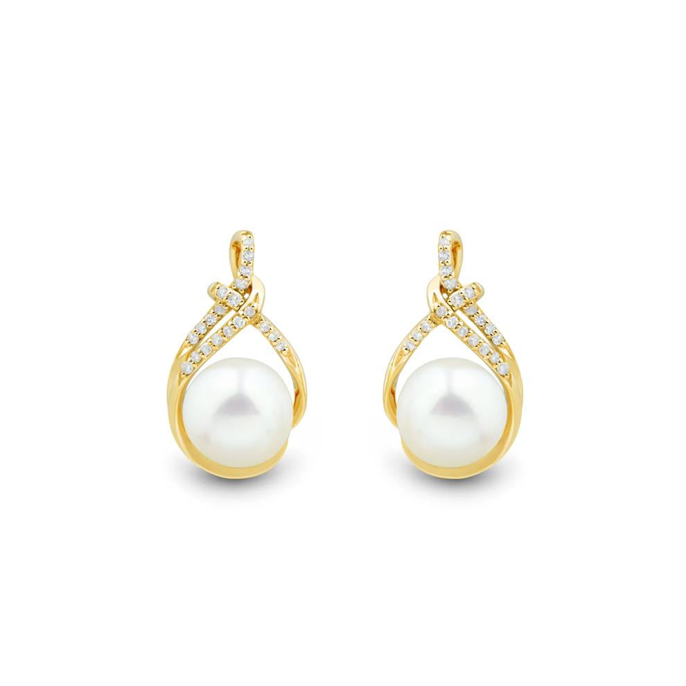 Button Freshwater Cultured Pearl and Diamond Earrings in 10K Yellow Gold (1/10 ct. tw.) – Image 2 of 2