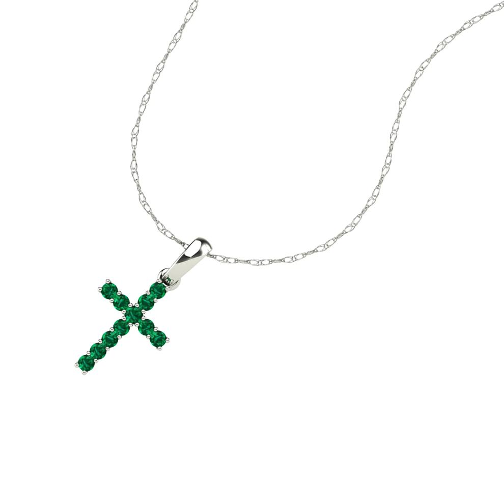 Emerald Cross Pendant Necklace in 10K White Gold – Image 4 of 4