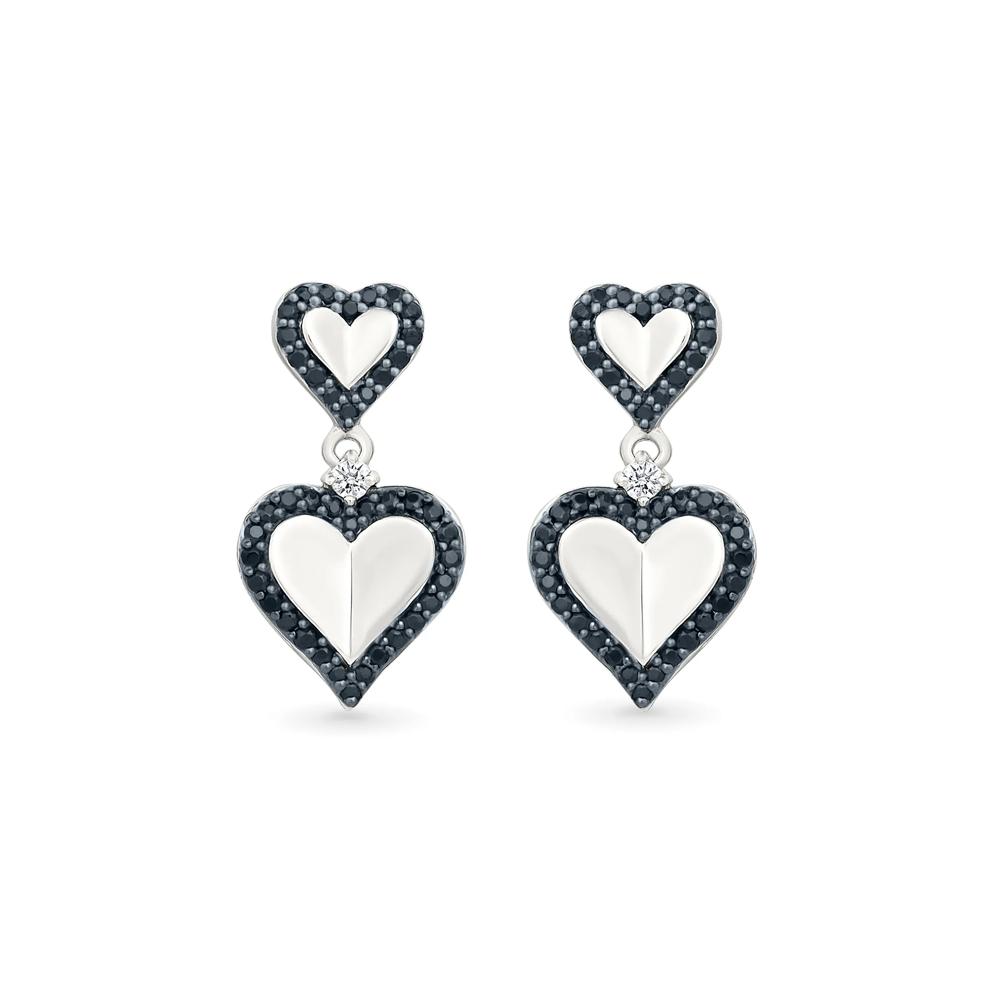 Black and White Diamond Double Heart Dangle Earrings in Sterling Silver (3/8 ct. tw.) – Image 3 of 3