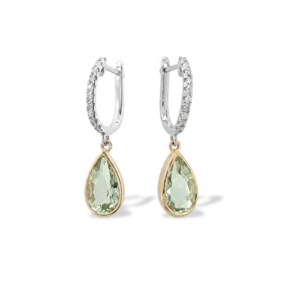 Green Quartz & Diamond Drop Earrings in 10K Yellow & White Gold, 10x6mm (1/7 ct. tw.)