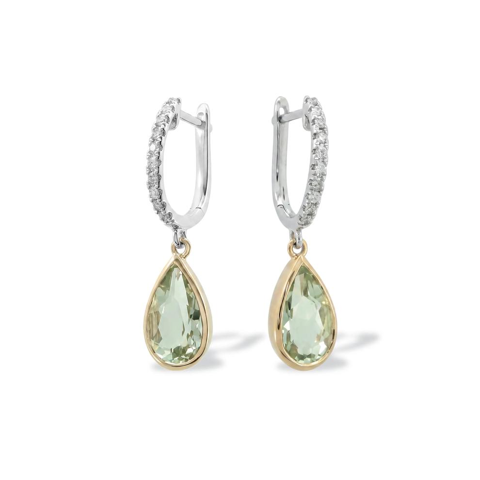 Green Quartz &amp; Diamond Drop Earrings in 10K Yellow &amp; White Gold, 10x6mm (1/7 ct. tw.) – Image 1 of 2
