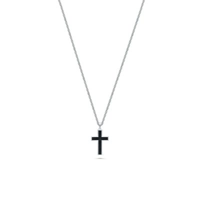 Men's Crushed Black Diamond Cross Pendant Necklace in Sterling Silver