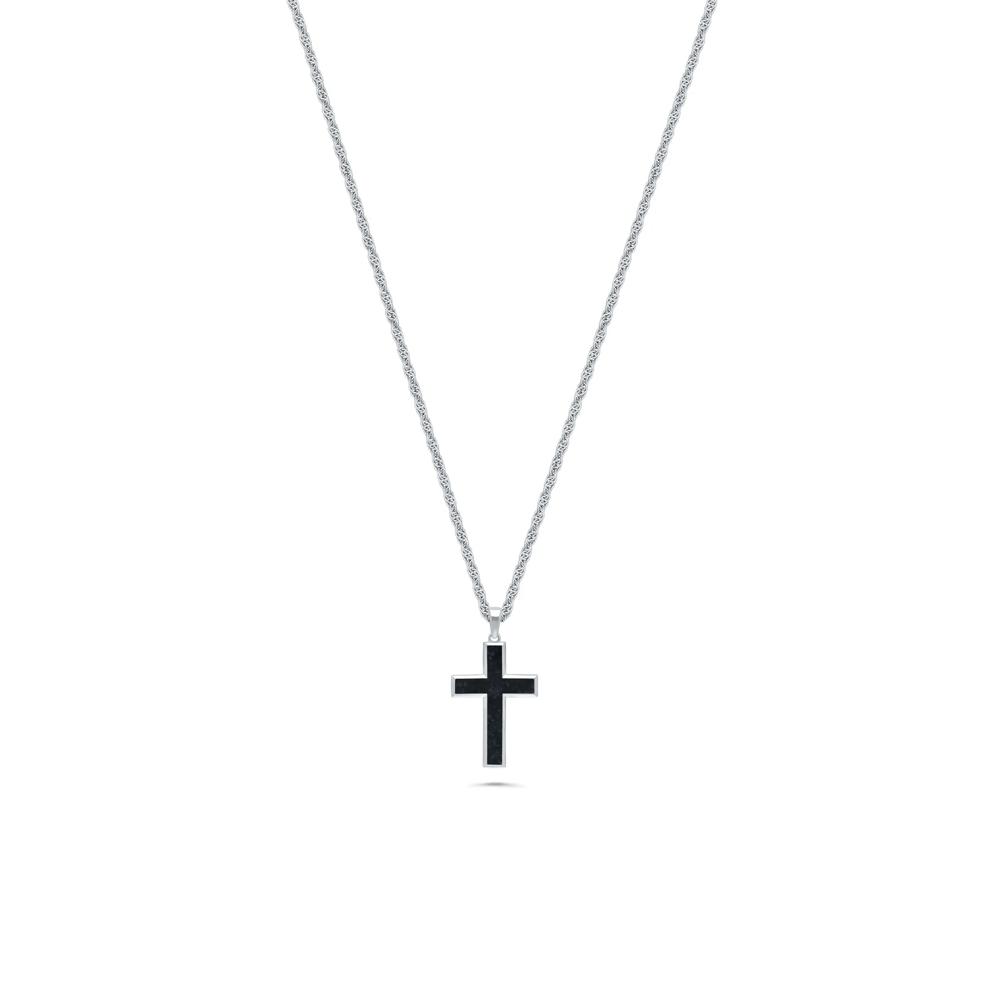 Men's Crushed Black Diamond Cross Pendant Necklace in Sterling Silver – Image 1 of 4