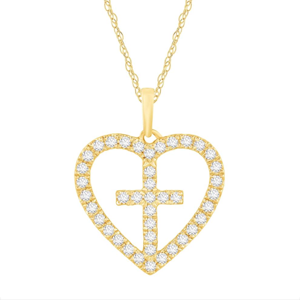 Diamond Heart Cross Pendant in 14K Yellow Gold (1/3 ct. tw.) – Image 1 of 3
