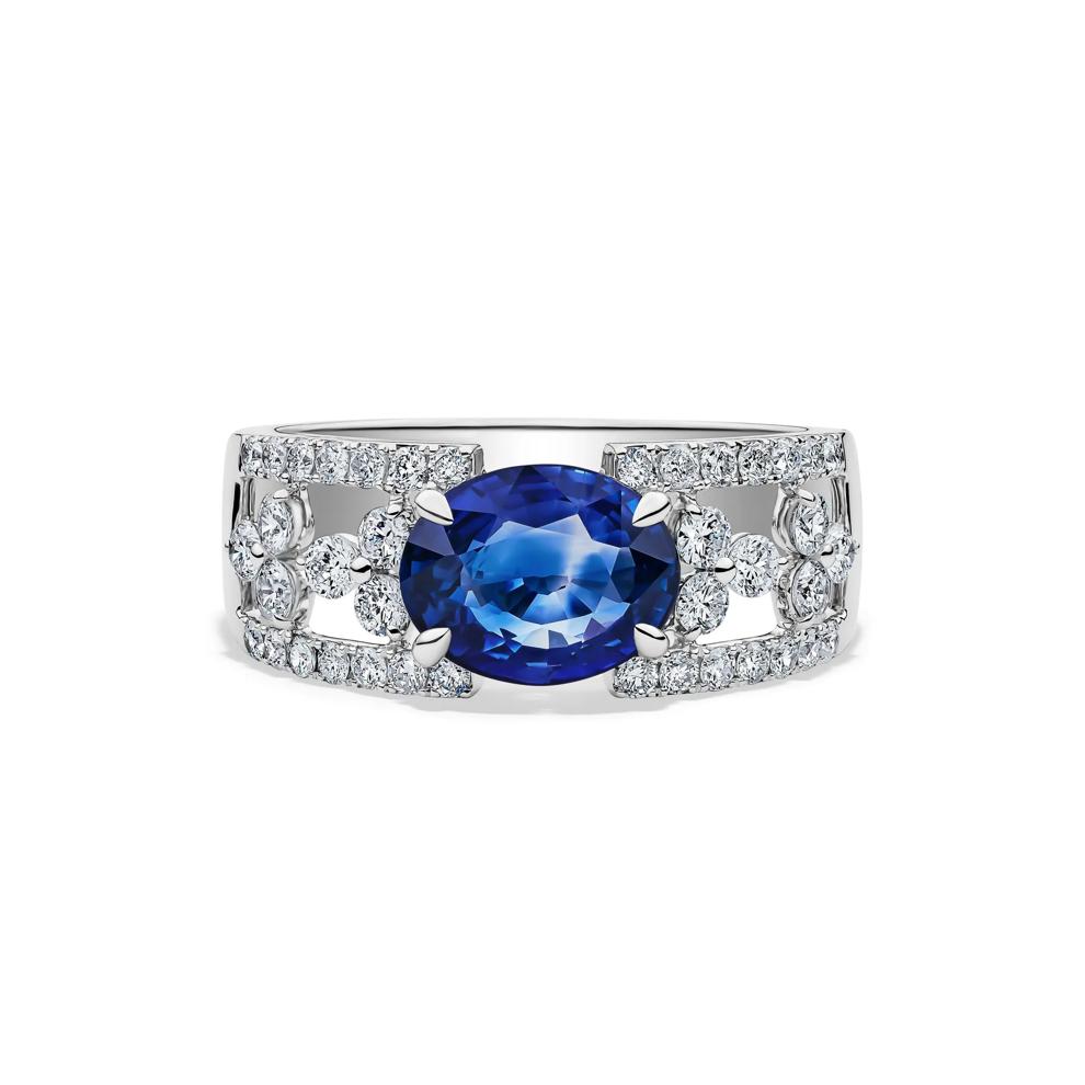 Blue Sapphire East-West Oval &amp; Diamond Ring in 14K White Gold (1/2 ct. tw.) – Image 1 of 2