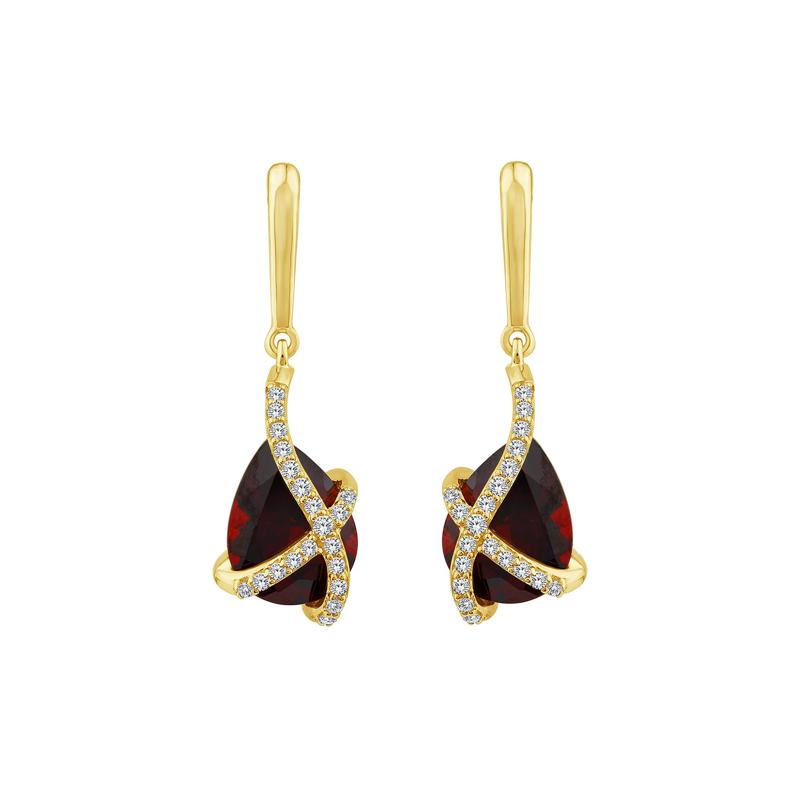 Garnet &amp; Diamond Drop Earrings in 14K Yellow Gold &#40;1/10 ct. tw.&#41; – Image 2 of 3