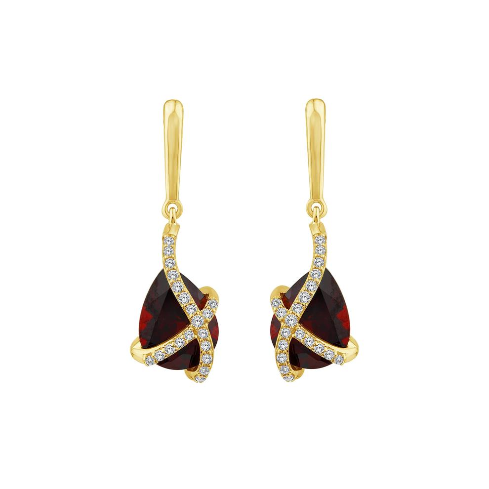 Garnet &amp; Diamond Drop Earrings in 14K Yellow Gold (1/10 ct. tw.) – Image 2 of 3