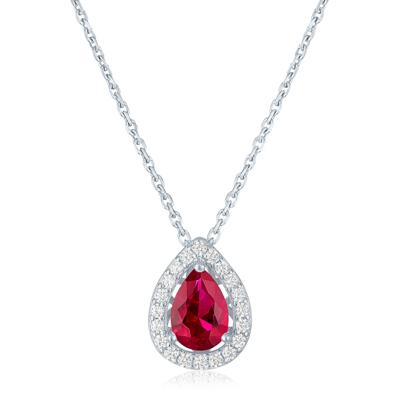 Lab-Created Ruby & Diamond Halo Pendant Necklace in Sterling Silver (1/5 ct. tw.)
