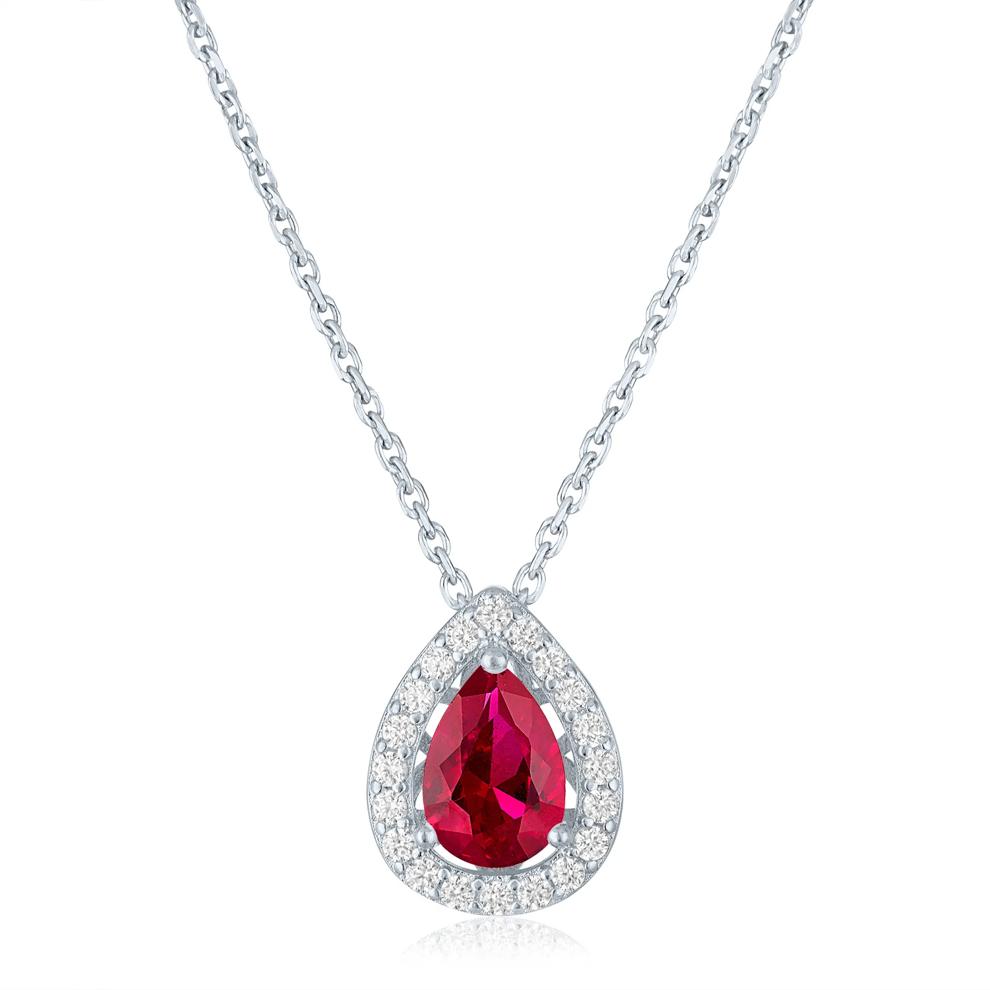 Lab-Created Ruby &amp; Diamond Halo Pendant Necklace in Sterling Silver (1/5 ct. tw.) – Image 1 of 4